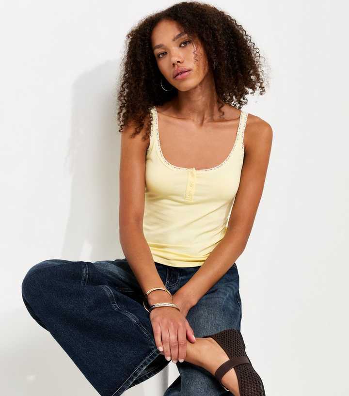 Light Yellow Cotton Rich Lace Trim Henley Cami Top