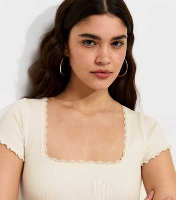 Cream Cotton Rich Short Sleeve Lace Trim Square Neck Top