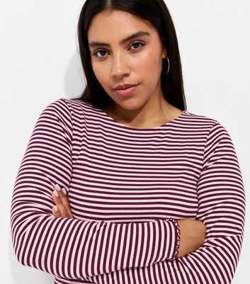 Curves Pink Cotton Rich Striped Babylock Long Sleeve Top