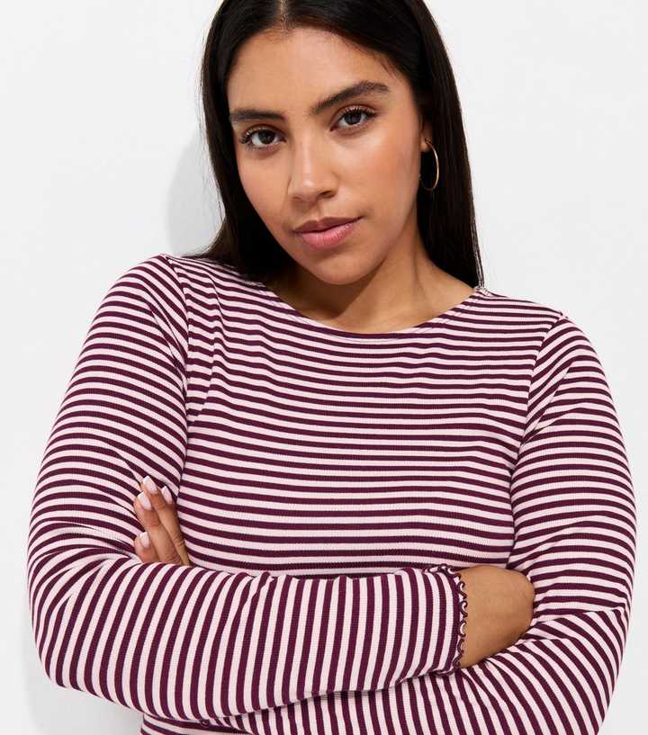 Curves Pink Cotton Rich Striped Babylock Long Sleeve Top