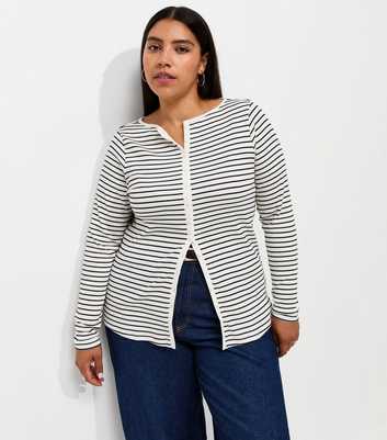Curves Black Cotton Rich Striped Long Sleeve Button Front Top