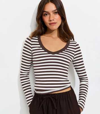 Petite Cream Cotton Rich Striped Long Sleeve V Neck Ribbed Top