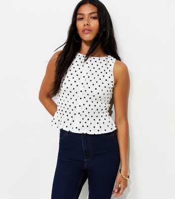 Cream Cotton Spot Print Shirred Faux Button Top