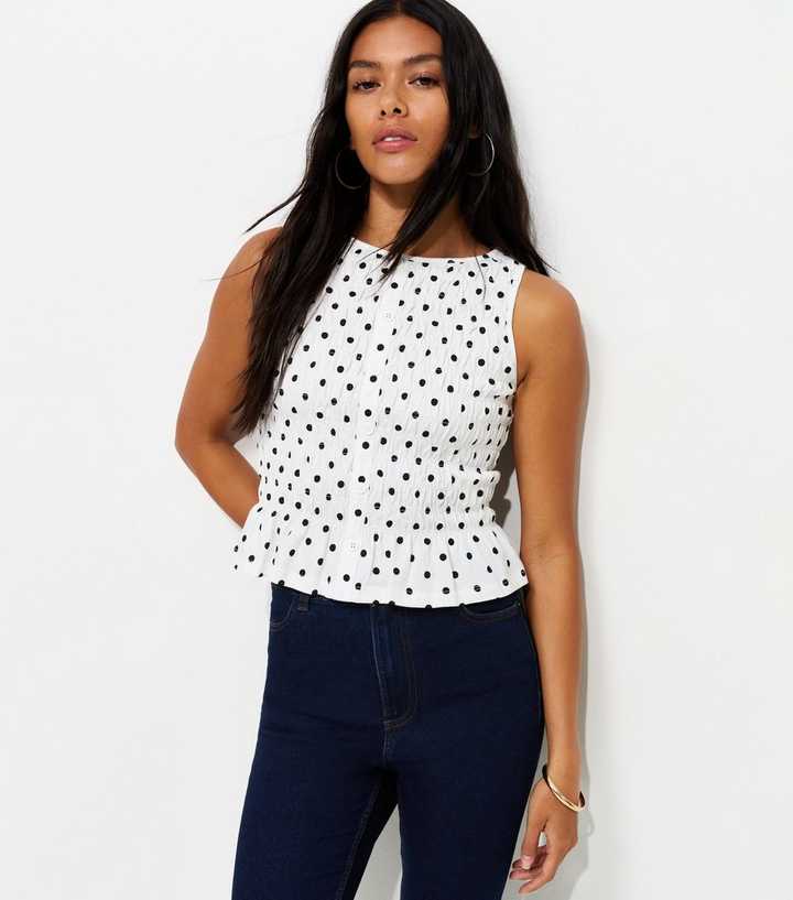 Cream Cotton Spot Print Shirred Faux Button Top