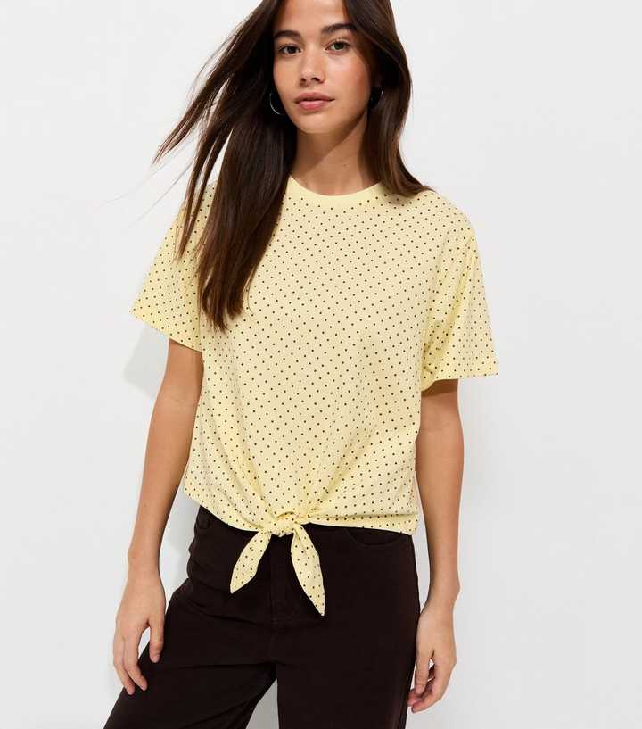 Yellow Cotton Polka Dot Tie Front T-Shirt