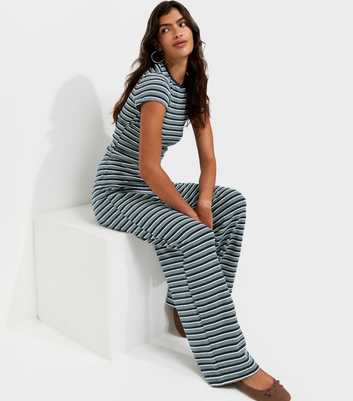 Blue Cotton Rich Stripe Pattern Wide Leg Drawstring Trousers