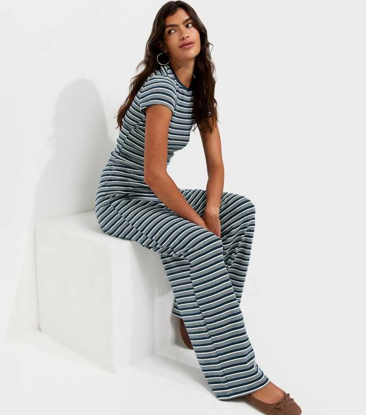 Blue Cotton Rich Stripe Pattern Wide Leg Drawstring Trousers