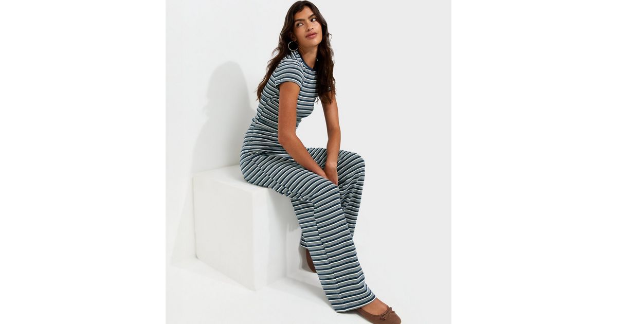 Blue Cotton Rich Stripe Pattern Wide Leg Drawstring Trousers