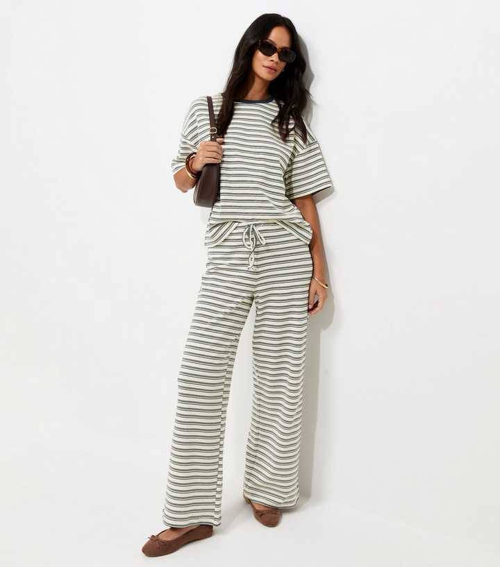 Blue Soft Touch Striped Drawstring Wide Leg Trousers