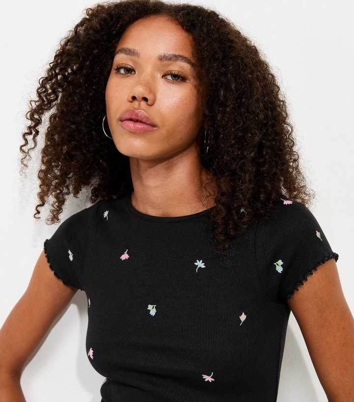 Black Cotton Rich Floral Embroidered Short Sleeve Babylock T-Shirt