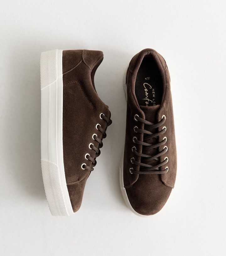 Dark Brown Faux Brushed Leather Lace Up Trainers