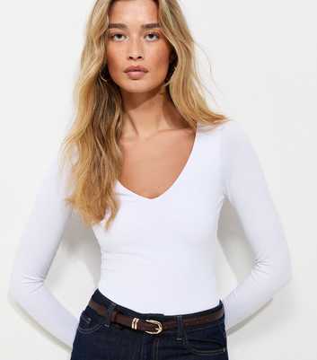 Tall White Cotton Rich Long Sleeve V-Neck Bodysuit