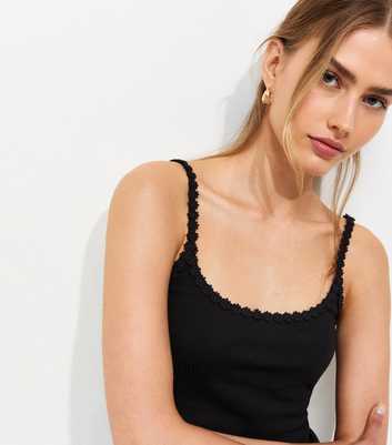 Black Cotton Rich Daisy Trim Scoop Neck Vest Top