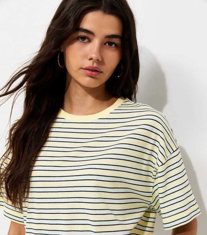 Yellow Cotton Striped Boxy Crew Neck T-Shirt