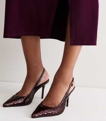 Dark Burgundy Faux Leather Sequin Embellished Slingback Pumps