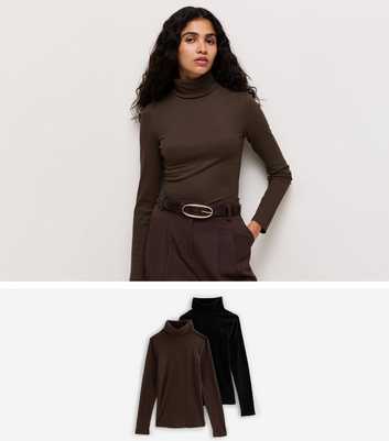 Pack Of 2 Brown Cotton Rich Long Sleeve Ribbed Roll Neck Tops