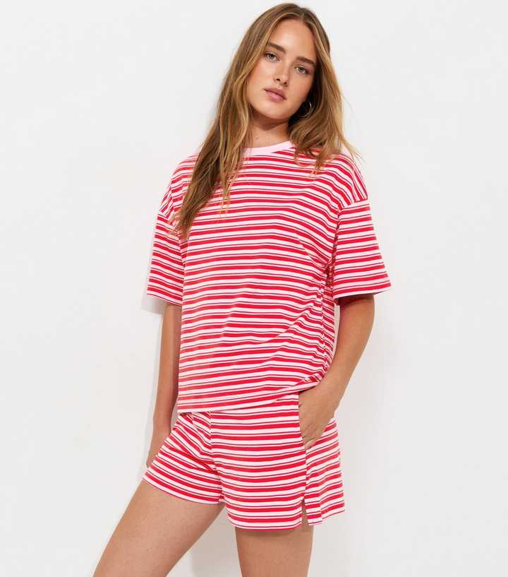Pink Cotton Striped Side Split Shorts
