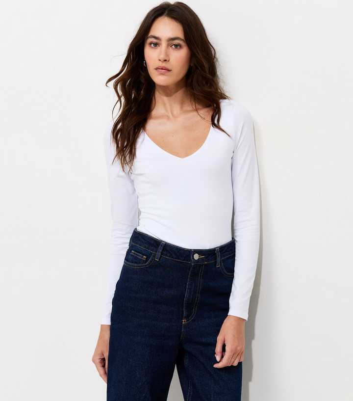 White Cotton Rich Long Sleeve V-Neck Bodysuit