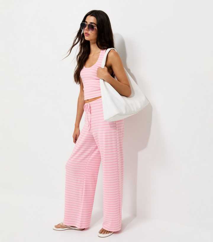 Pink Cotton Rich Striped Wide Leg Trousers