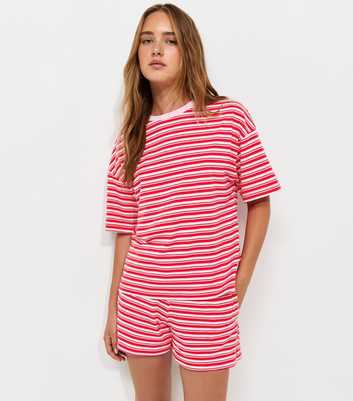 Pink Cotton Striped Boxy Crew Neck T-Shirt