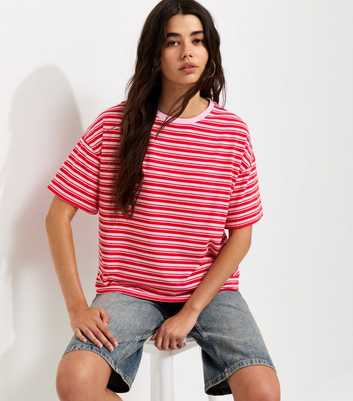 Pink Cotton Striped Boxy Crew Neck T-Shirt