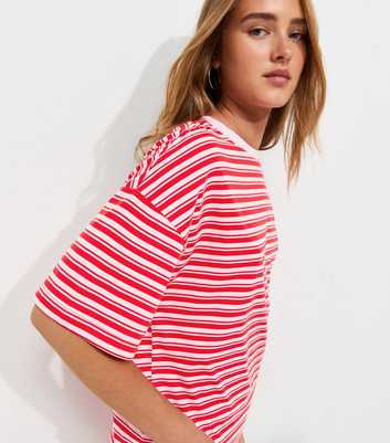 Pink Cotton Striped Boxy Crew Neck T-Shirt