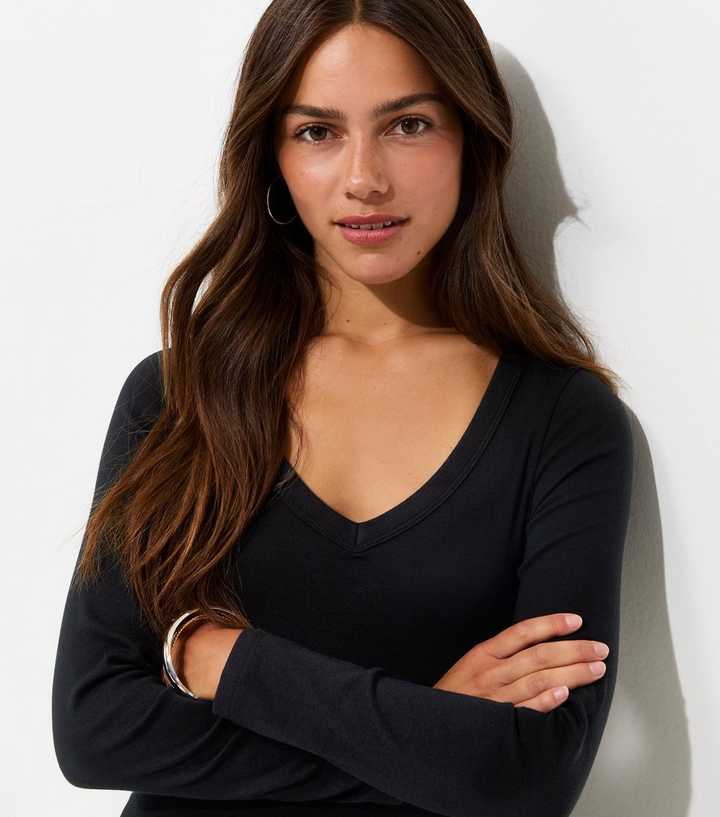 Petite Black Cotton Rich V Neck Rib Long Sleeve Top