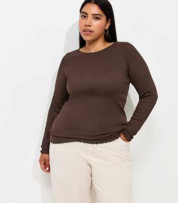 Curves Dark Brown Cotton Rich Long Sleeve Babylock Top