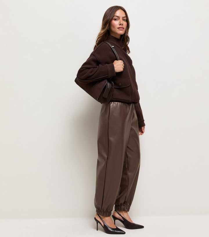 Petite Dark Brown Faux Leather Cuffed Trousers