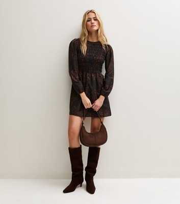 Brown Printed Shirred Long Sleeve Smock Dress