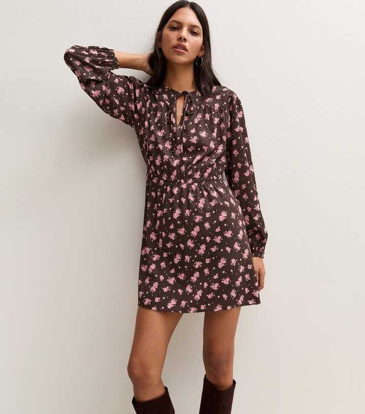 Brown Crepe Ditsy Print Long Sleeve Tie Neck Mini Dress