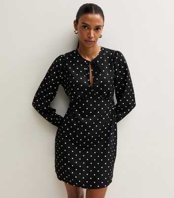 Black Crepe Long Sleeve Spot Print Keyhole Mini Dress