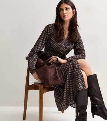 Black Geometric Floral Pattern Shirt Dress