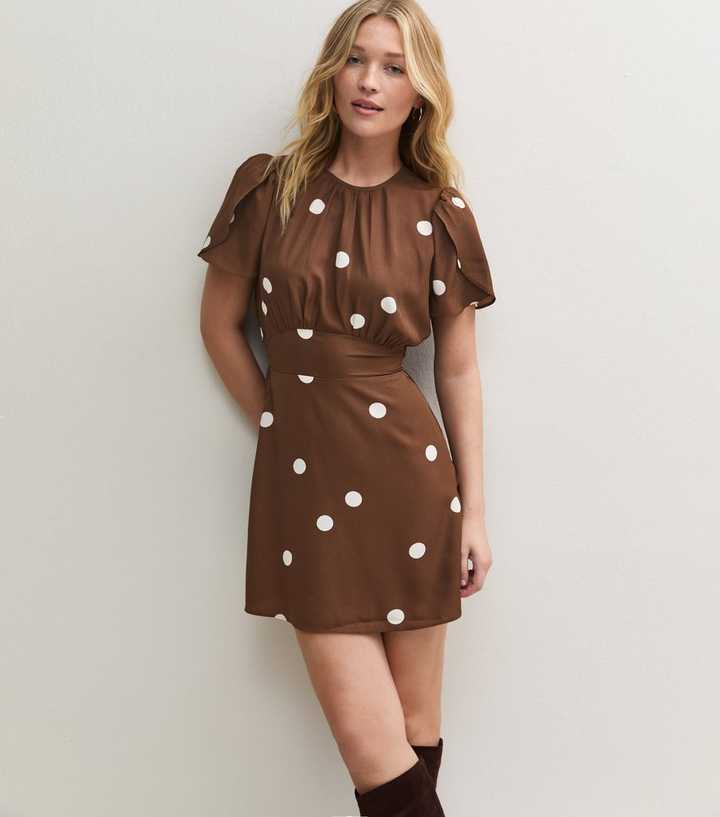 Brown Polka Dot Flutter Sleeve Mini Dress