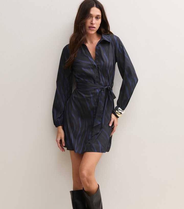 Blue Zebra Print Long Sleeve Shirt Mini Dress