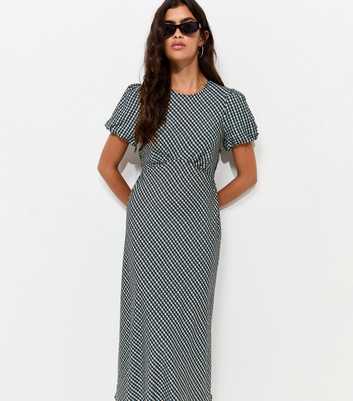 Blue Check Puff Sleeve Midi Dress
