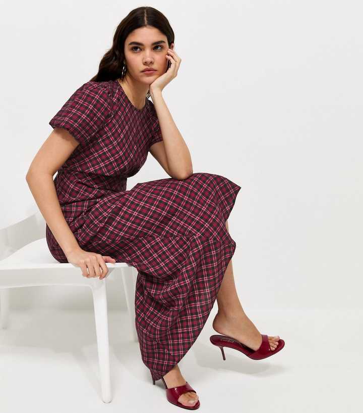 Red Check Puff Sleeve Midi Dress