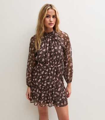 Brown Floral Chiffon High Neck Long Sleeve Mini Dress