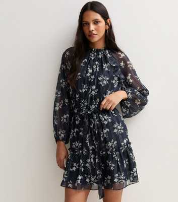 Blue Chiffon Ditsy Print Lurex Belted Mini Dress