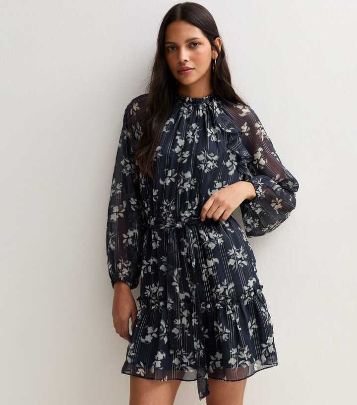Blue Chiffon Ditsy Print Lurex Belted Mini Dress