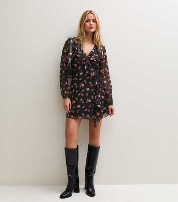 Black Ditsy Print Frill Wrap Mini Dress