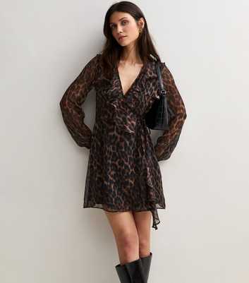 Brown Leopard Print Frill Wrap Mini Dress