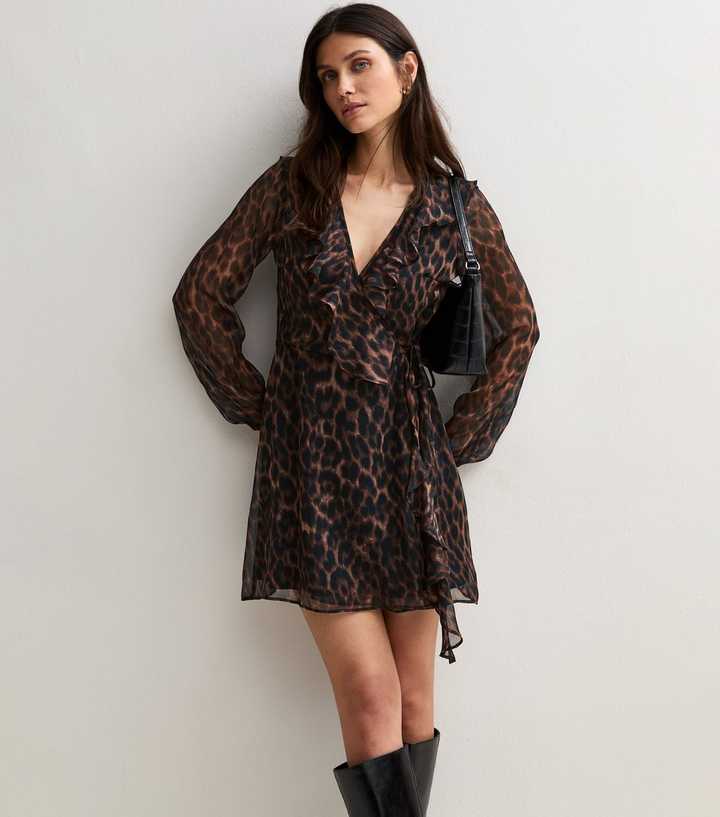 Brown Leopard Print Frill Wrap Mini Dress