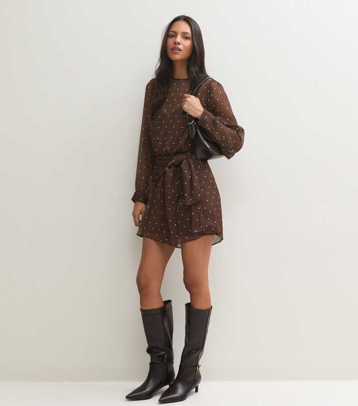 Brown Chiffon Spot Print Belted Mini Dress