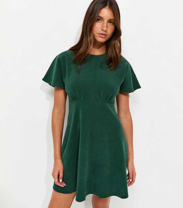 Dark Green Corduroy Batwing Sleeve Mini Dress