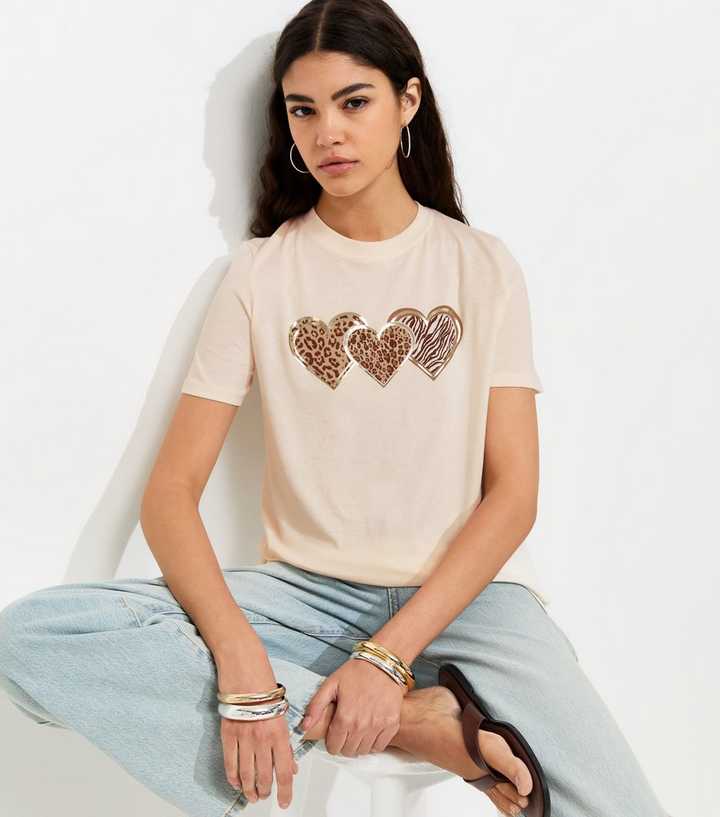 Off White Cotton Metallic Animal Heart Print T-Shirt