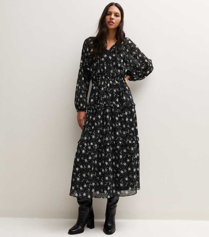 Black Ditsy Print Chiffon Frill Tie Midi Dress