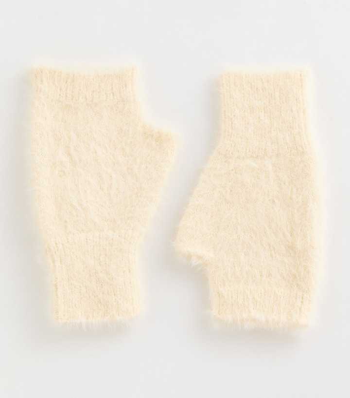 Light Yellow Fluffy Knit Fingerless Gloves