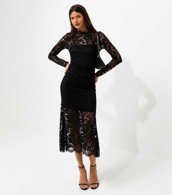 Black Lace High Neck Long Sleeve Midi Dress