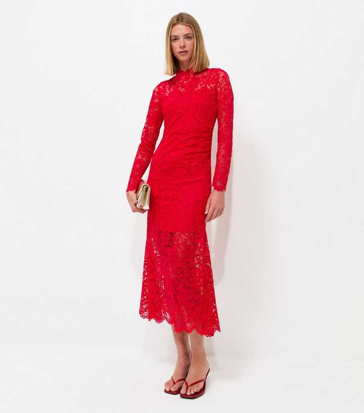 Dark Red Lace High Neck Long Sleeve Midi Dress